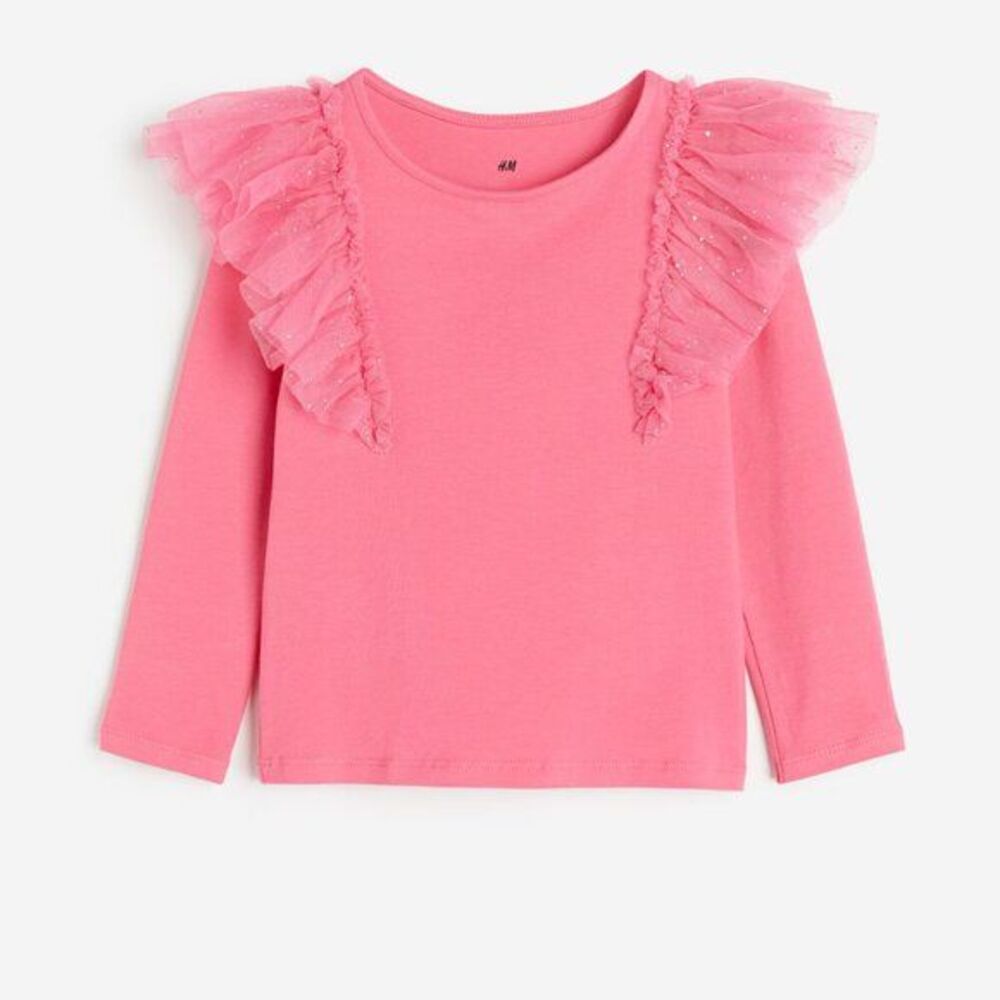 H&M Bright Pink Lace Ruffle Shoulder T-shirt Girl's 8-10